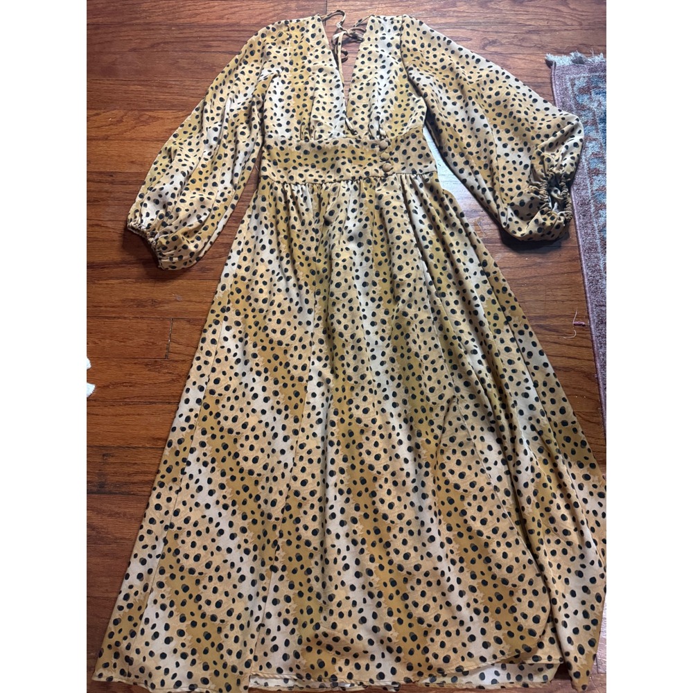 Free People Leopard Print Maxi Dress Tan Brown V-Neck Balloon Sleeve Size 2
